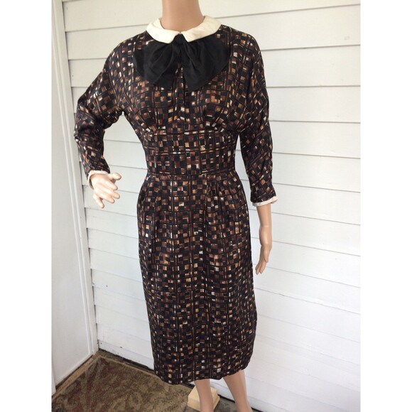 Vintage 50s Brown Print Dress Toni Edwards S - Picture 2 of 10